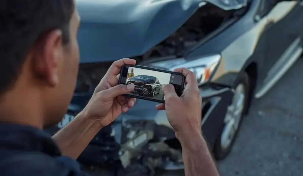 Driver taking photos of vehicle damage after a car accident in Illinois