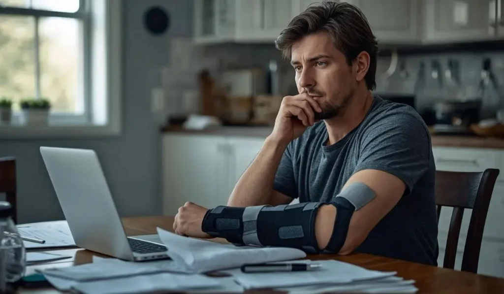 Injured worker reviewing paperwork after a workplace injury and Workers’ Compensation claim in Illinois